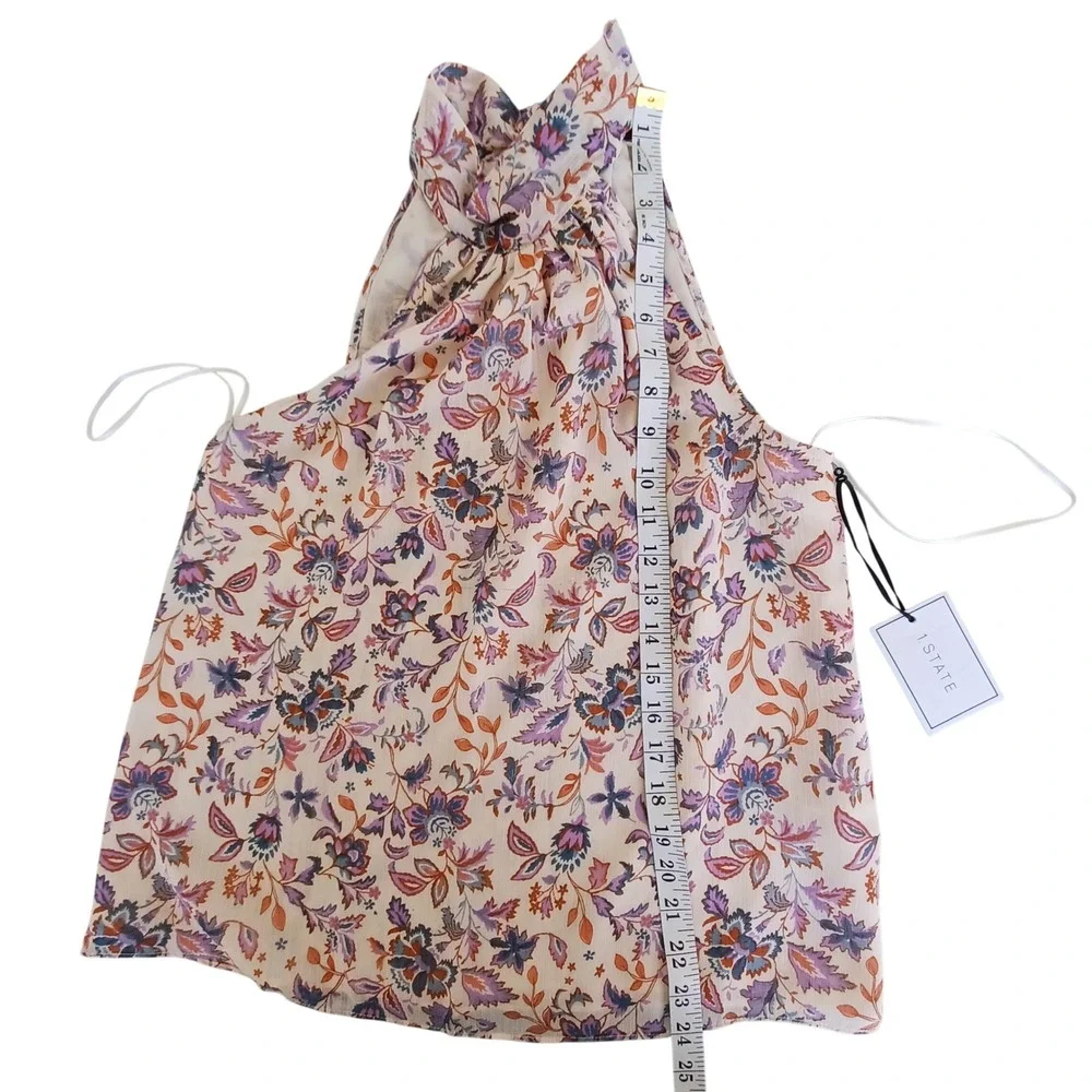 1.STATE Womens Floral Paisley Halter Tie Neck Blouse Cream Purple Blue Small NWT - Picture 4 of 10